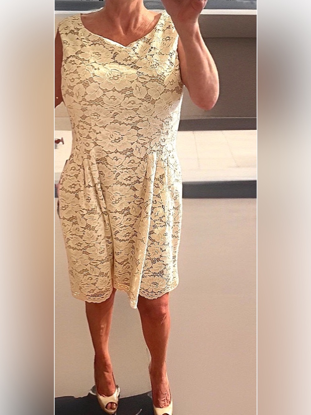 🐚VINCE CAMUTO🐚 LACE OVERLAY FIT & FLARE SLEEVELESS LINED DRESS W/ POCKETS NWT